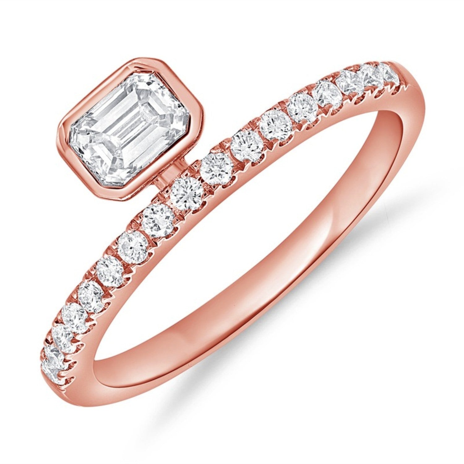 Emerald Cut Bezel Bypass Ring in 14K rose gold