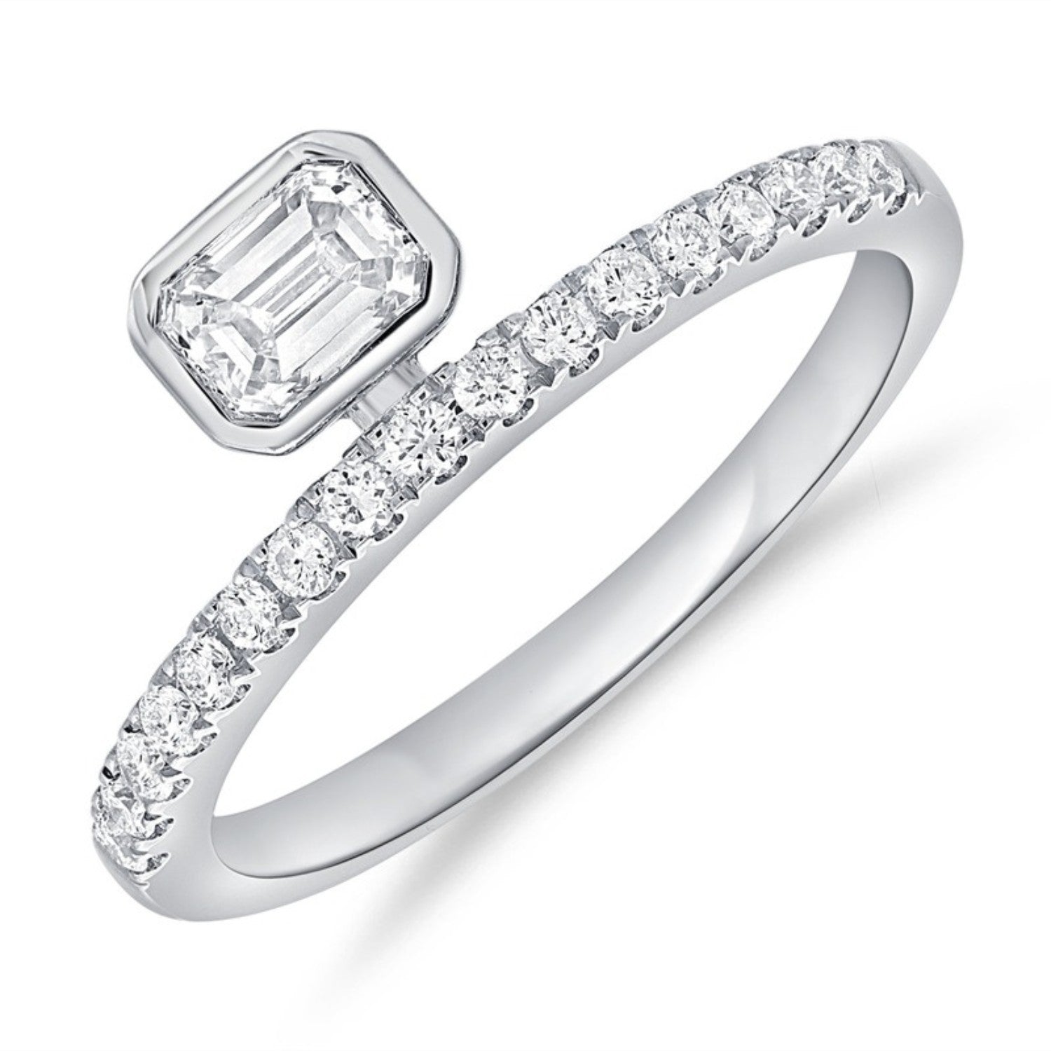Emerald Cut Bezel Bypass Ring in 14K white gold