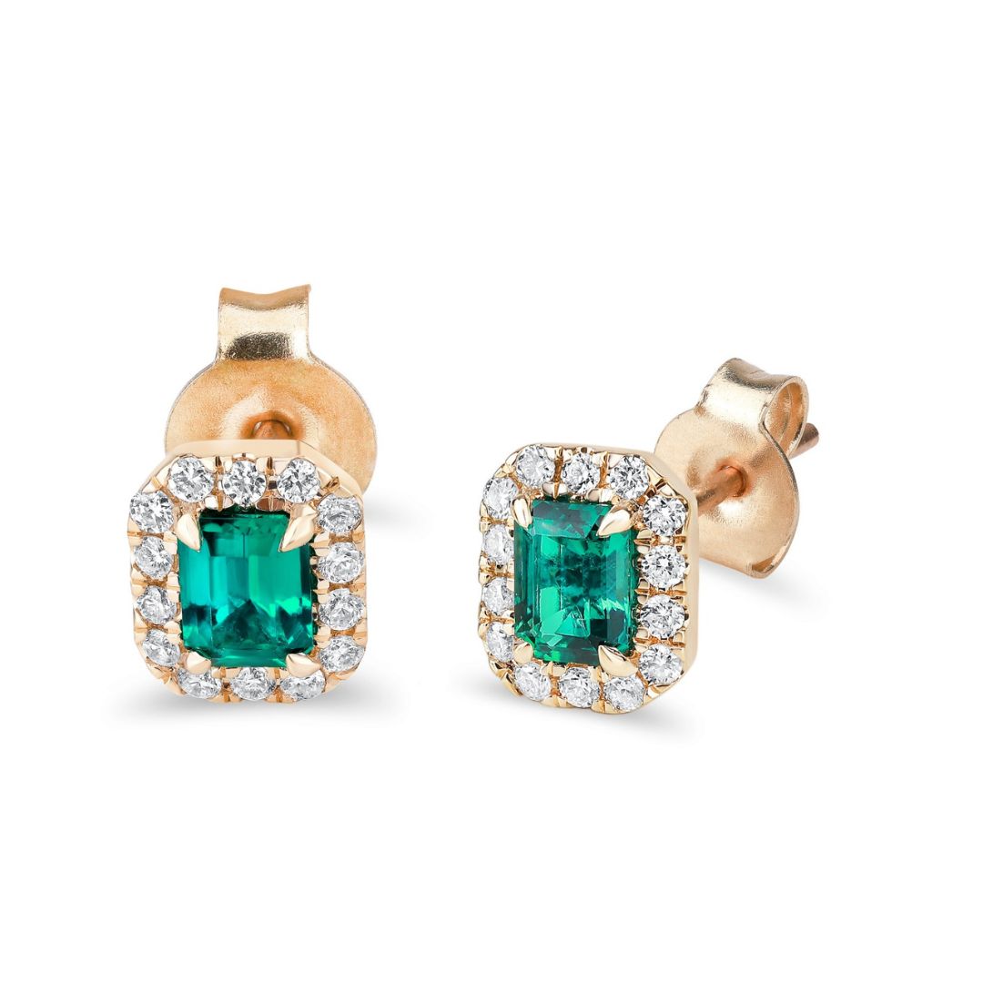 Emerald-cut lab-grown emerald stud earrings from the Nasreen Shahi x Seema & Co. Collection, featuring a halo of lab-grown diamonds in 14K gold