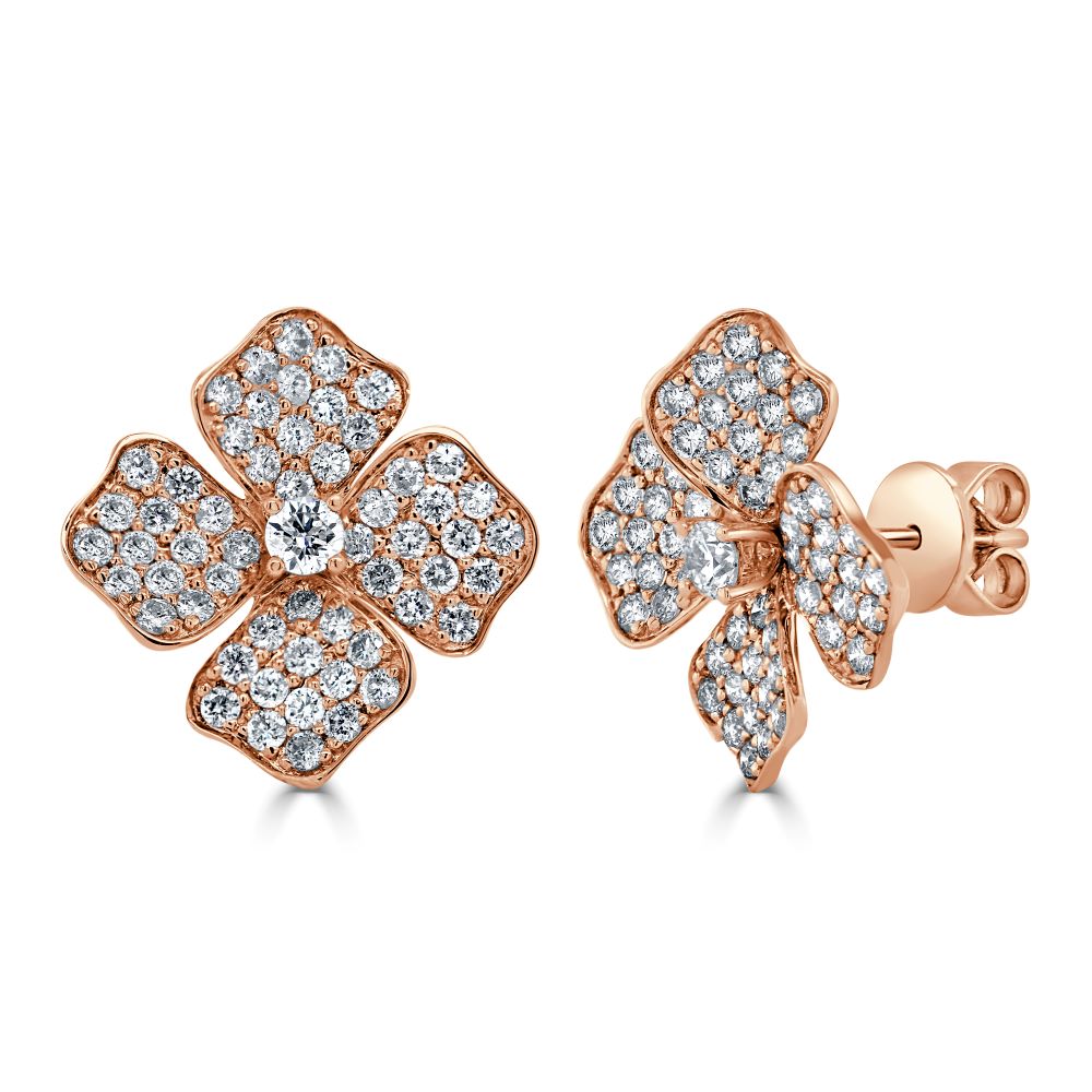 14K Gold & Diamond Flower Stud Earrings