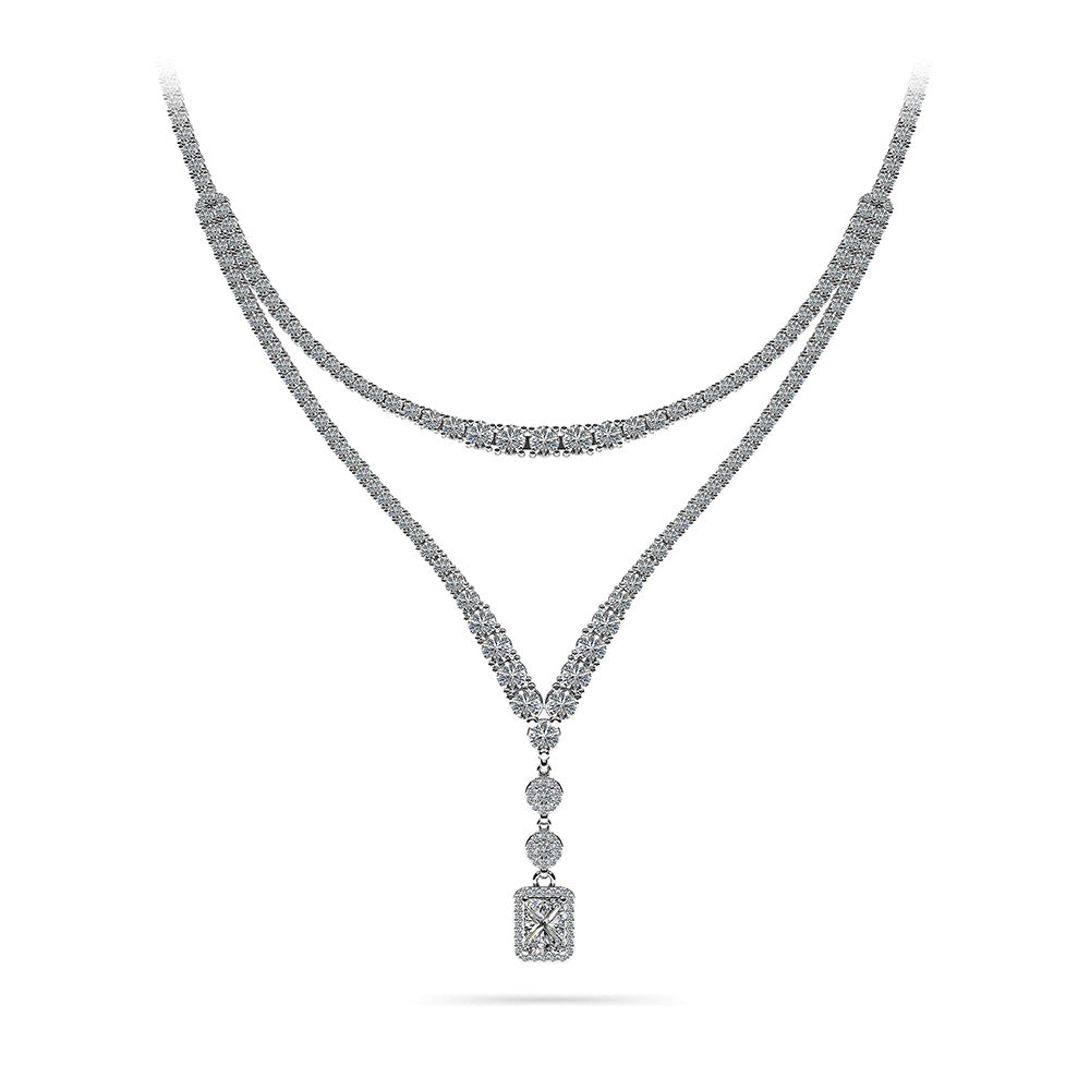 Extravagant Diamond Pendant 2 Row 4 Prong Necklace