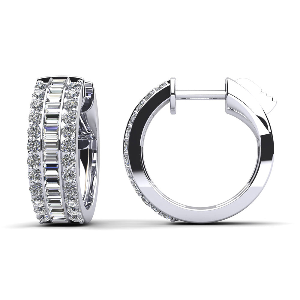 Three Rows Baguette And Round Huggie Hoop Earrings