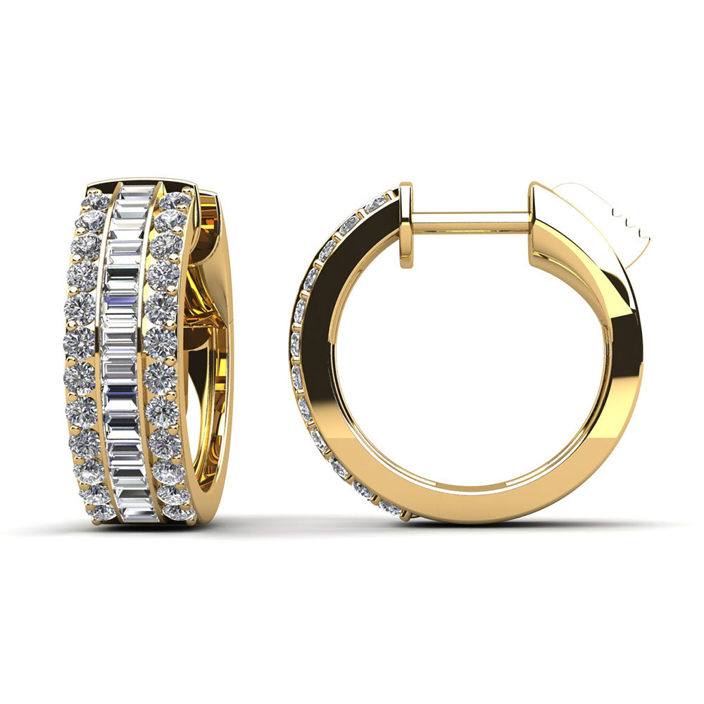 Three Rows Baguette And Round Huggie Hoop Earrings