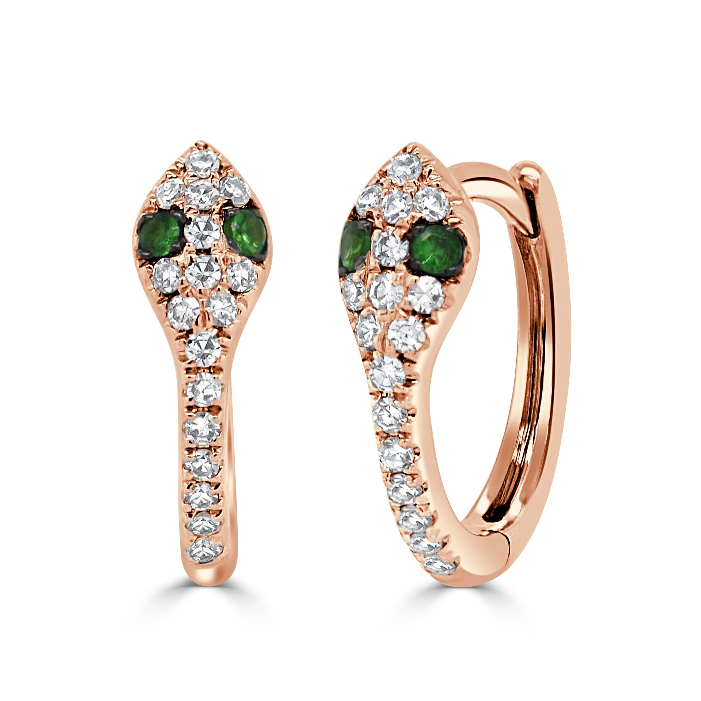 14K Gold Diamond & Tsavorite Snake Huggie Earrings