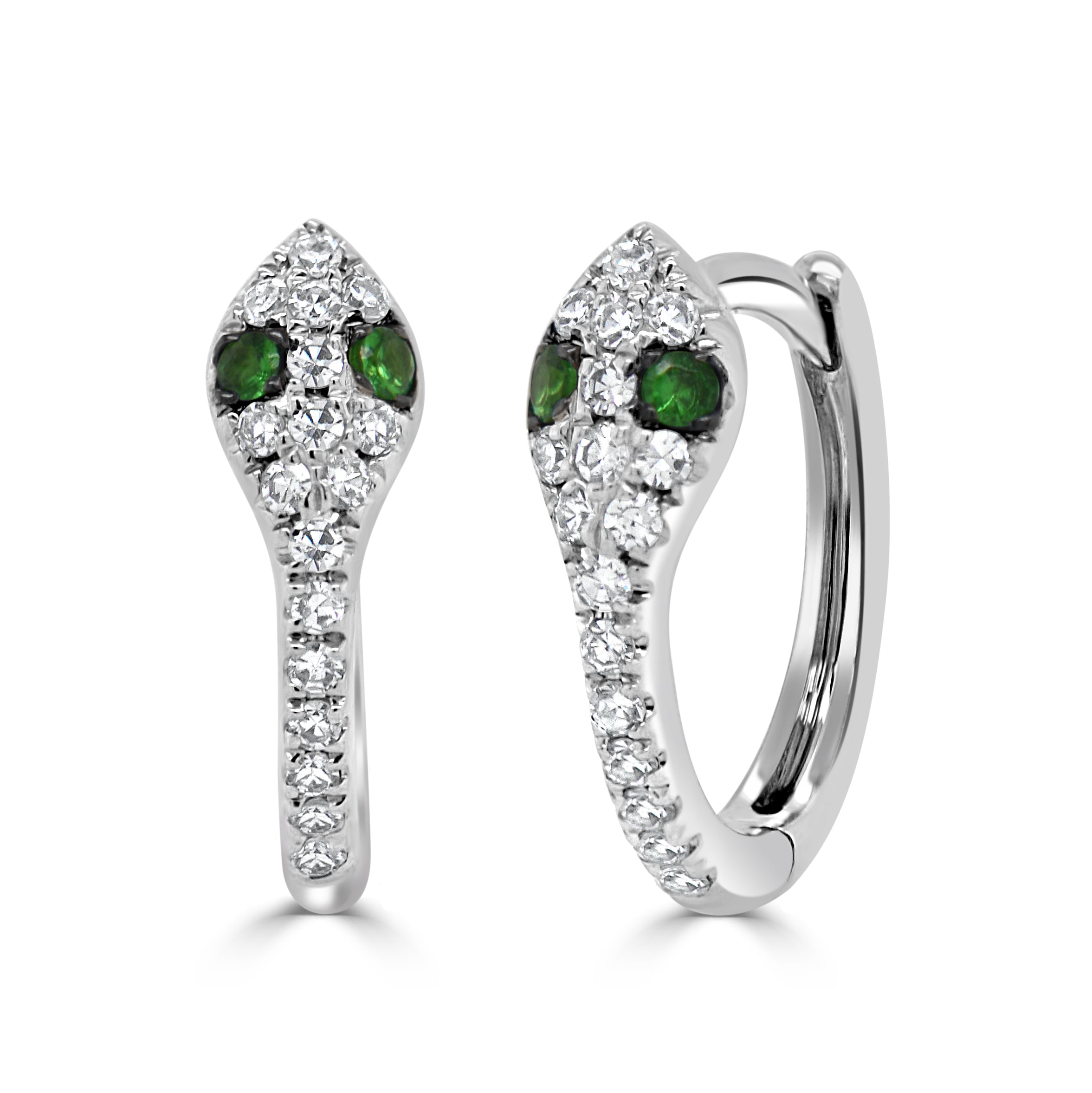 14K Gold Diamond & Tsavorite Snake Huggie Earrings
