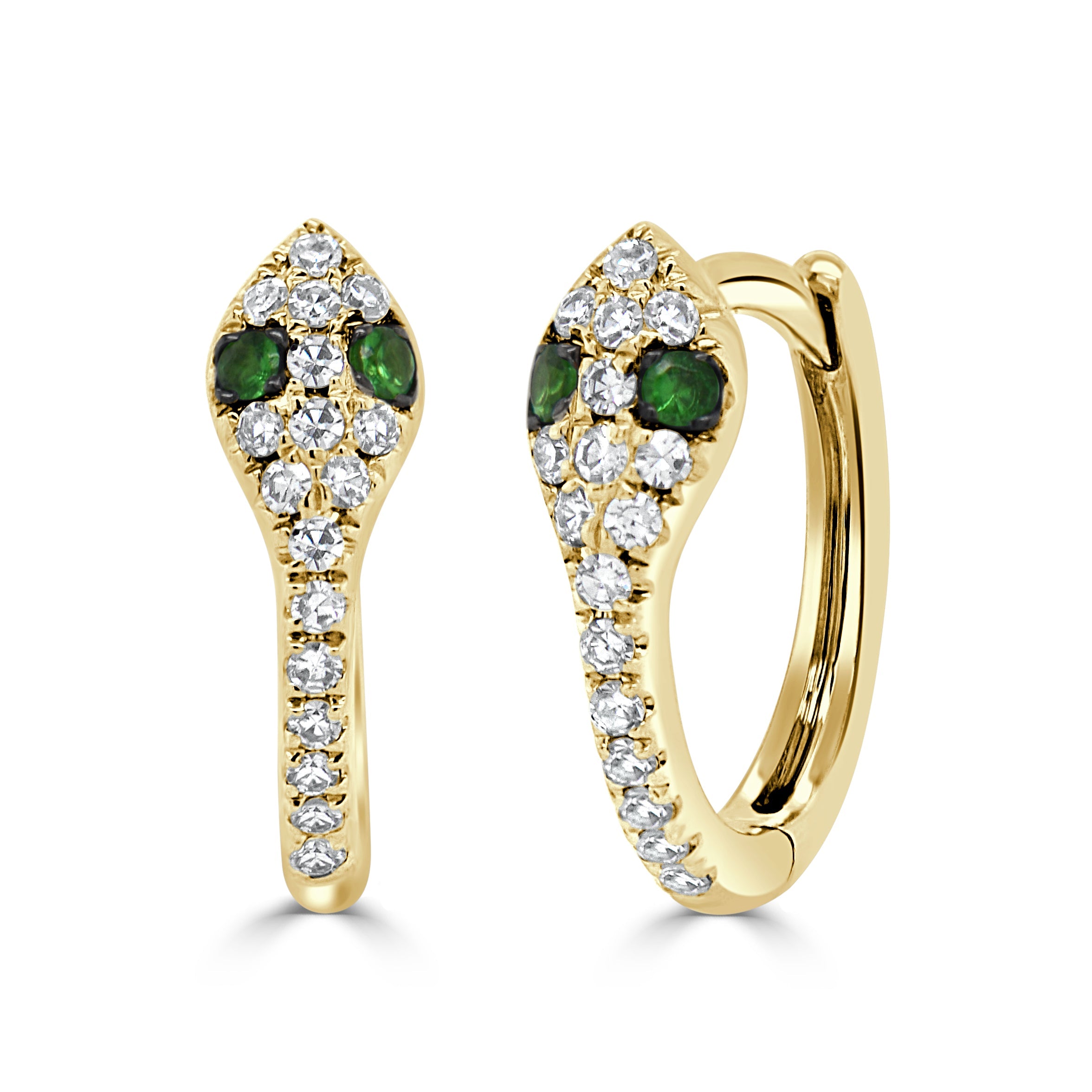 14K Gold Diamond & Tsavorite Snake Huggie Earrings