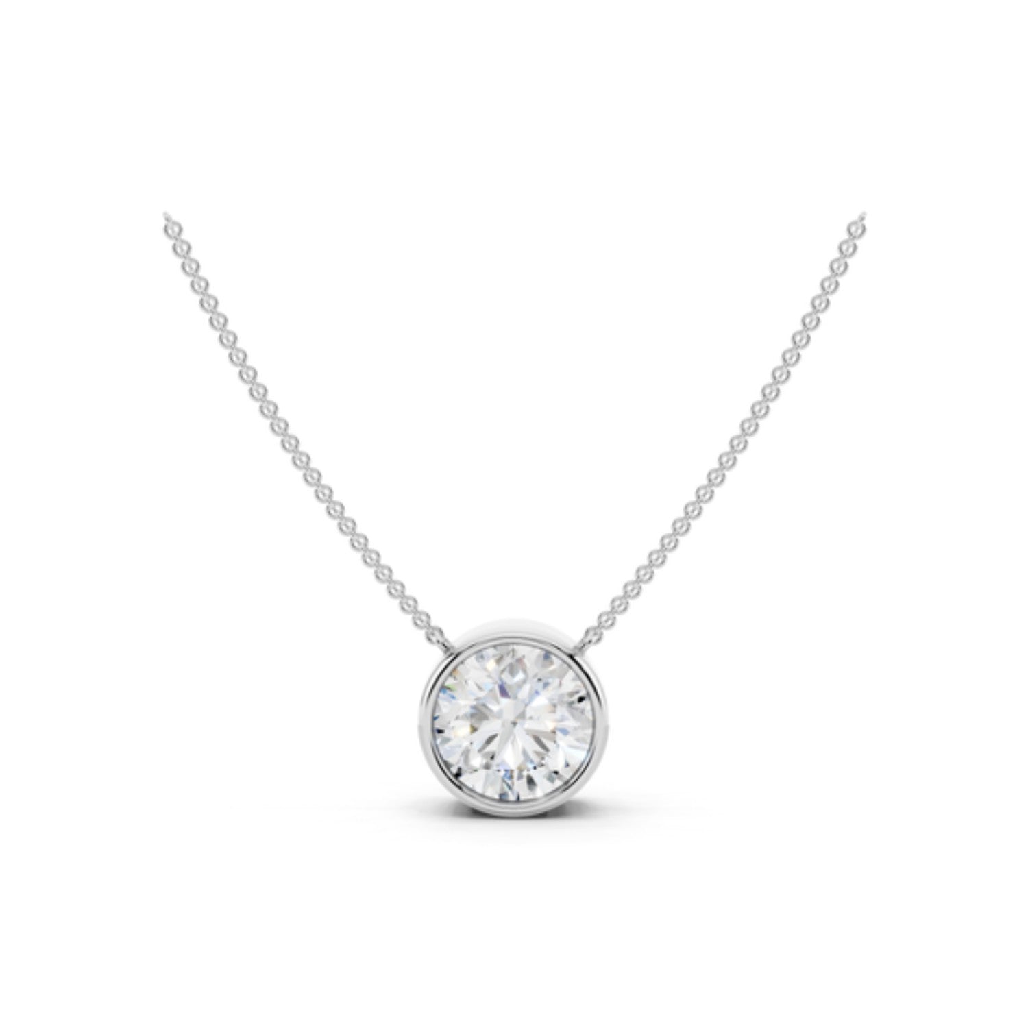 2 Carat Round Bezel Diamond Necklace in 14K white gold
