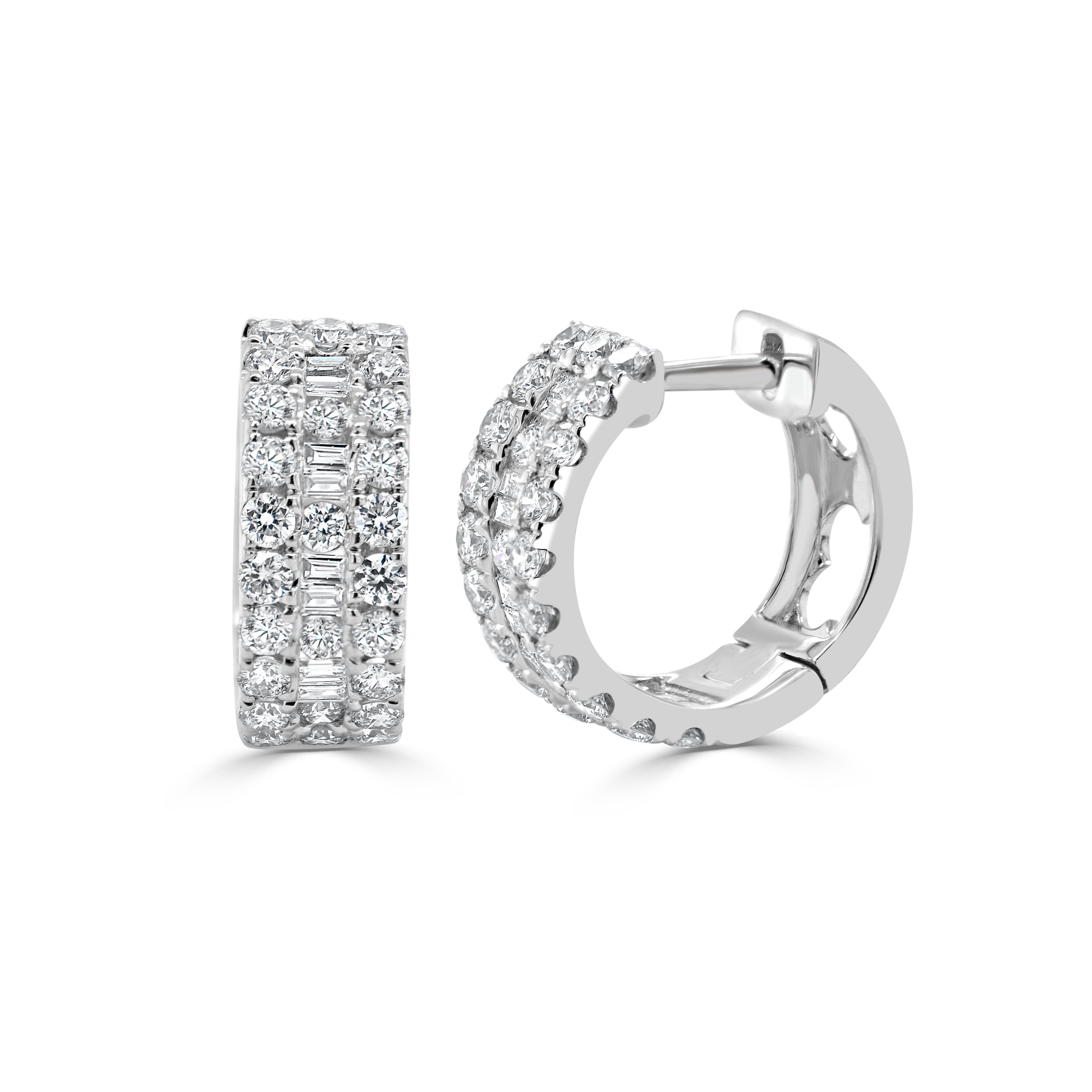 Round Baguette Diamond Huggie Earrings
