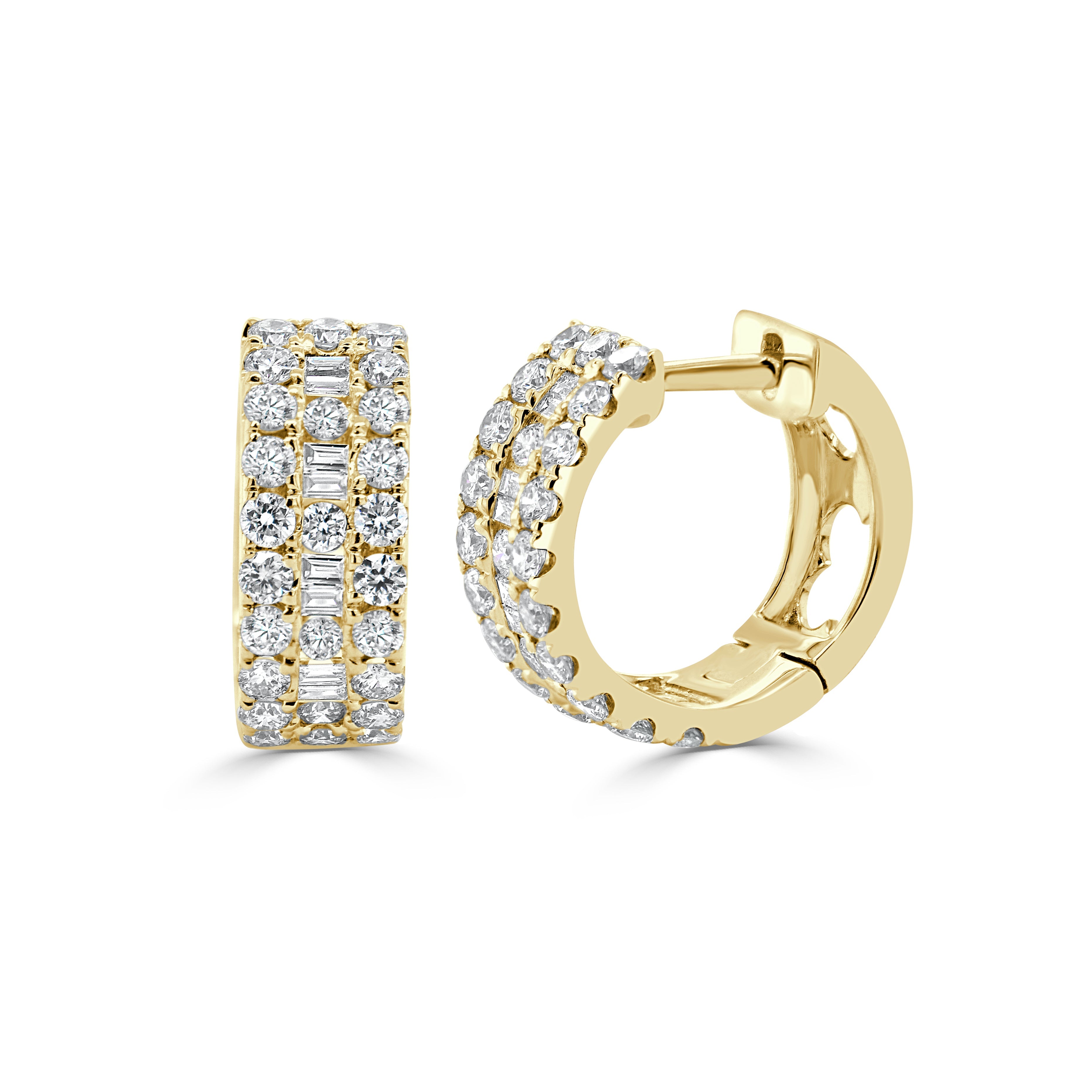 Round Baguette Diamond Huggie Earrings