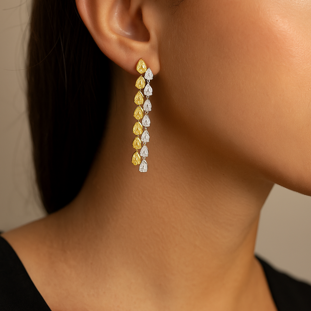Gold Pear Shape Diamond Yellow Diamond Drop Earrings
