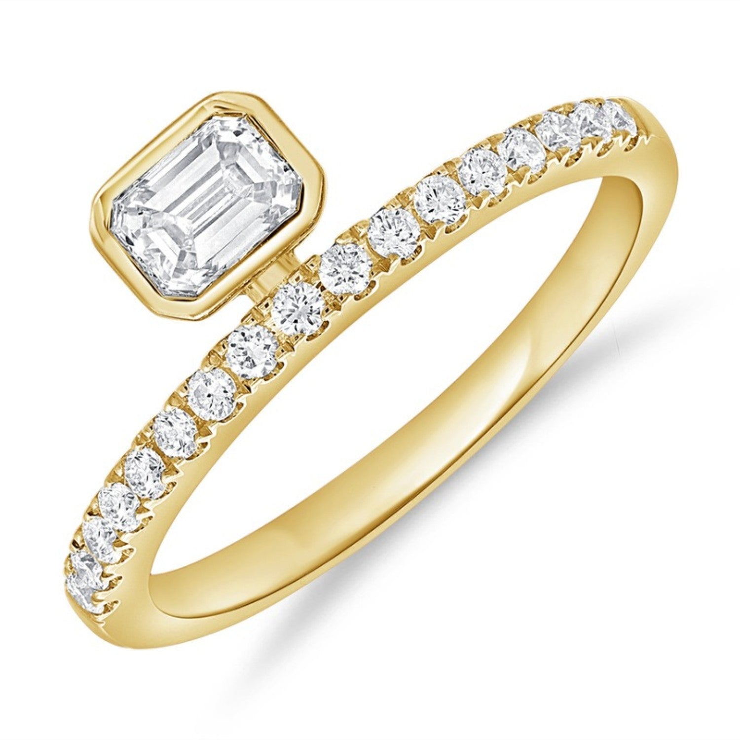 Emerald Cut Bezel Bypass Ring in 14K yellow gold by Seema Fine Jewelry