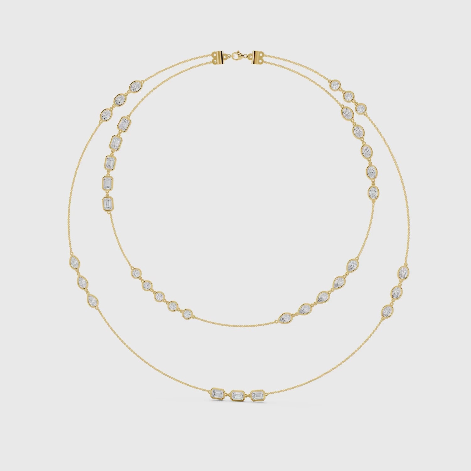 Yellow gold mixed shape diamond layered necklace video showing delicate design