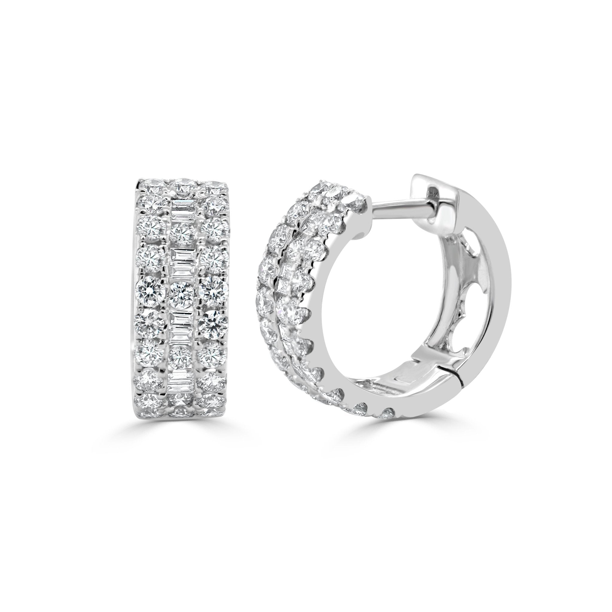 Round Baguette Diamond Huggie Earrings