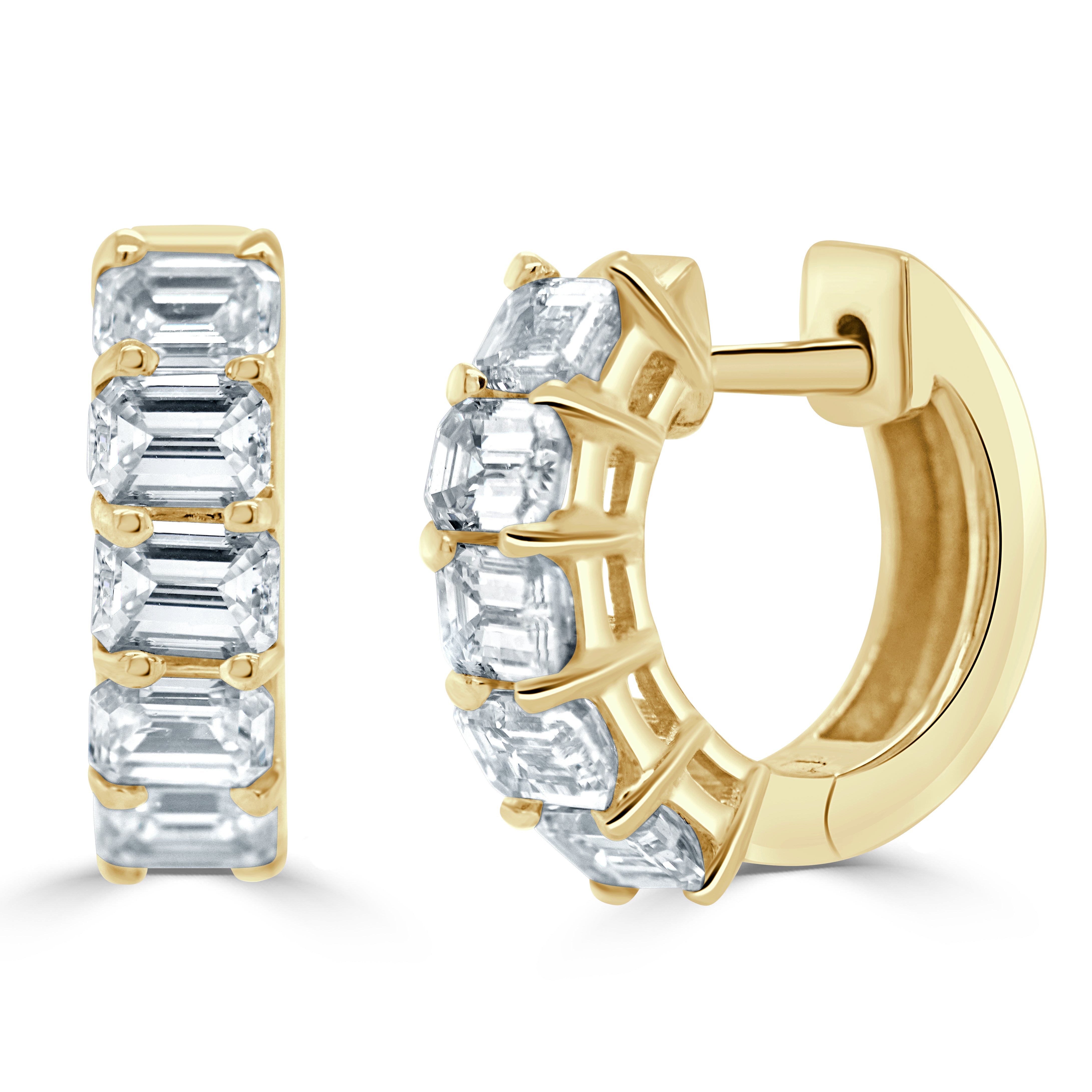 14K Gold Emerald-Cut Diamond Huggie Earrings