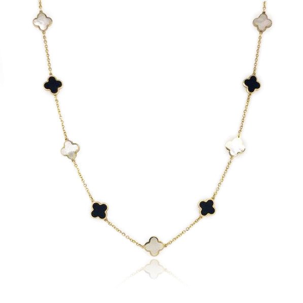 Onyx and Mother of Pearl Clover Station Necklace